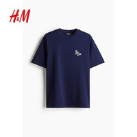 H&M男装T恤夏季柔软纯棉字母印花休闲舒适罗纹圆领短袖上衣1032522 海军蓝/蝴蝶 170/92A