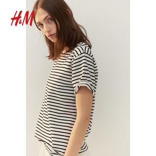 H&M女装T恤2024春季简约休闲圆领短袖上衣内搭0963662 白色/黑色条纹 170/116A XL