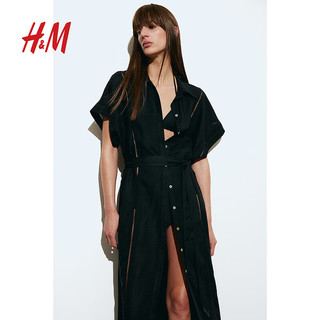 H&M 2024年春季女装亚麻混纺衬衫式连衣裙1223491 黑色 155/80A