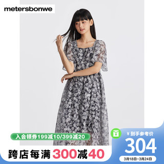 美特斯邦威（Meters Bonwe）连衣裙女士2024夏季简约方领舒适拼接肌理面料裙子 黑色碎花 165/L