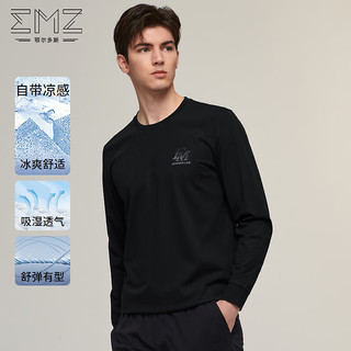 鄂尔多斯EMZ【冰凉丝】24早春男士长袖T恤纯色圆领商务休闲含棉上衣 黑色 180/96A/XL