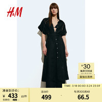 H&M2024年春季女装亚麻混纺衬衫式连衣裙1223491 黑色 170/116A