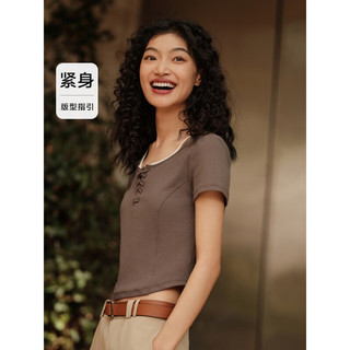 森马（Semir）短袖T恤女短款假两件温柔优雅2024夏紧身绑带衣服芭蕾风 咖啡50892 165/88A/L