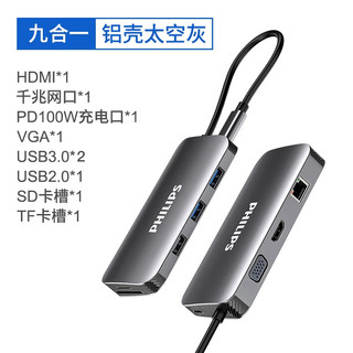 飞利浦Type-C扩展坞RJ45接口转换器雷电4拓展坞USB-C3.0分线器转接头HDMI/VGA 九合一 (HDMI+VGA+网口+SD/TF+PD