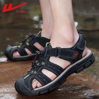 回力（Warrior）凉鞋男【优质牛皮】春夏季镂空透气户外休闲鞋防滑防撞包头沙滩鞋 0791黑色（龙爪纹） 41