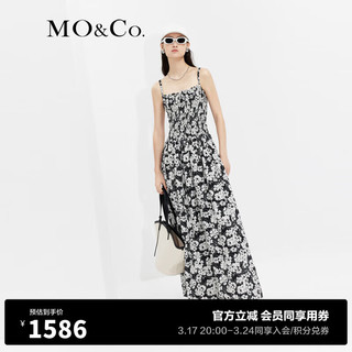 MO&Co.天丝桑蚕丝混纺碎花连衣裙长裙海边度假气质裙子女 黑白花色 M/165