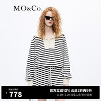 MO&Co.美式复古撞色翻领抽绳摆短款条纹卫衣MBC3SWST03 黑杏条色 M/165