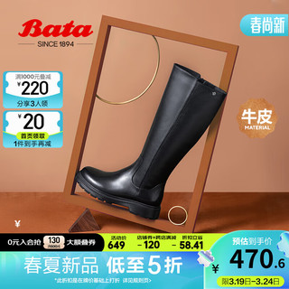 Bata 拔佳 及膝时装靴女2023冬商场牛皮粗跟骑士显瘦长筒靴WAG18DG3无货 黑色-绒里 38