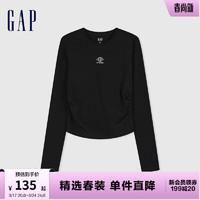 Gap女装2024春季logo抽褶显瘦短款圆领长袖T恤女友T889914 黑色 165/84A(M)亚洲尺码