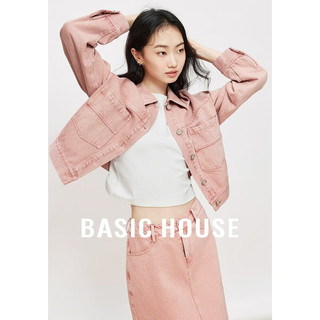 百家好（Basic House）玫瑰粉牛仔外套女2024春季新款美式复古做旧上衣 