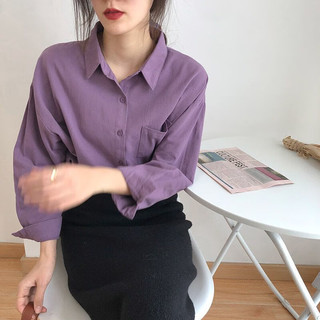 瓦梵希（WAFANXI）复古紫色衬衫女韩版设计感小众别致上衣早春气质长袖衬衣 紫色 S 【75-95斤】