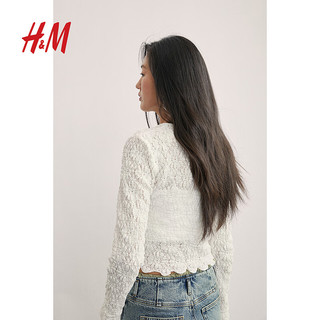 H&M2024春季女装女士简约风潮流时尚纹理感汗布上衣1233310 白色 155/80A