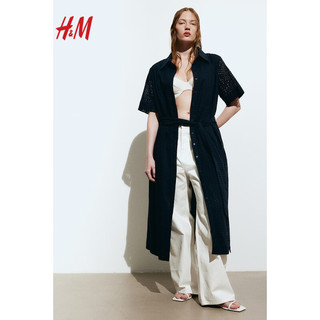 H&M2024春季女装镂空刺绣衬衫式连衣裙1222963 海军蓝 160/88A