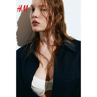 H&M2024春季女装镂空刺绣衬衫式连衣裙1222963 海军蓝 160/88A