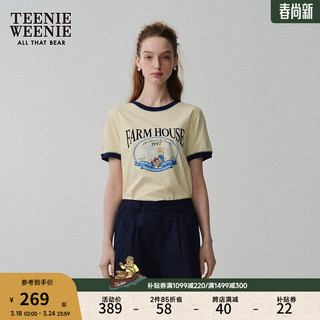 Teenie Weenie小熊女装2024春夏时髦撞色圆领短袖T恤印花上衣 浅黄色 155/XS