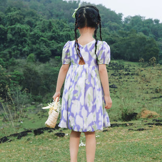 迷你巴拉女童宝宝儿童裙子夏季亲肤纯棉泡泡袖甜美连衣裙 蓝绿色调00384 130cm