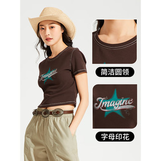 热风（Hotwind）短袖t恤女2024年夏季女士拼线休闲美式辣妹高腰短款短T 02棕色 L