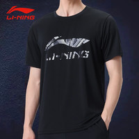 LI-NING 李宁 短袖t恤男夏季圆领大logo印花透气宽松跑步运动服饰休闲上衣 黑色-速干款 L