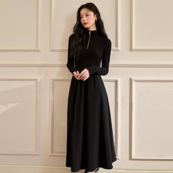 WESTLINK 西遇 赫本风长袖针织连衣裙女裙子冬季高级感设计感拼接小黑裙长裙
