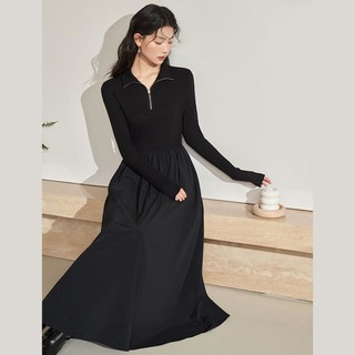 赫本风长袖针织连衣裙女裙子冬季高级感设计感拼接小黑裙长裙