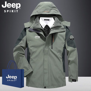 JEEP SPIRIT 吉普冲锋衣抓绒两件套三合一衣裤男夹克男户外服装防水防寒登山服 军绿男冲锋衣 XL