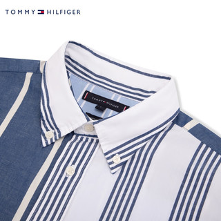 TOMMY HILFIGER24春季男度假透气棉麻混纺条纹拼接宽松短袖衬衫35210 蓝白条纹0A4 XS