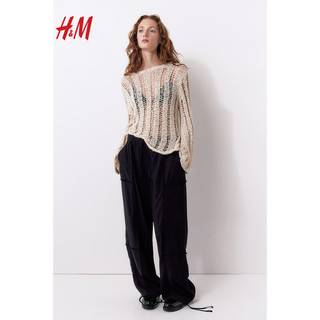H&M女装裤子2024夏季宽松版型时尚亚麻混纺降落伞裤1224440 奶油色 170/100A XL