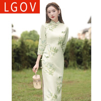 LGOV旗袍轻款少女秋冬季长袖高端气质长款优雅改良日常可穿 3070绿花 XL