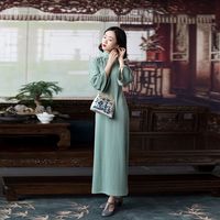 一城风絮青丝丨春秋中式国风复古手工盘扣长袖改良旗袍式连衣裙 复古蓝绿色 M码()