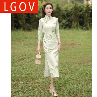 LGOV旗袍轻款少女秋冬季长袖高端气质长款优雅改良日常可穿 3070绿花 XL
