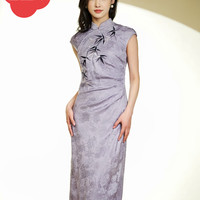 逸紅顔（E.Beauty）逸红颜钰竹2024夏季旗袍改良版连衣裙女刺绣竹旗袍丝缎提花 香芋紫 S