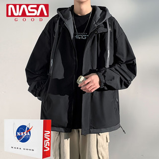 NASA GOOD潮牌男装夹克男春秋连帽夹克外套外套假两件外套男 卡其 XL
