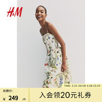 H&M 女装2024春季新品田园风时尚亚麻混纺中长碎花连衣裙1217048 奶油色/花卉 165/96A