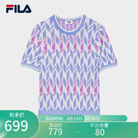 FILA Emerald斐乐女子织衫2024夏时尚休闲舒适拼色短袖毛衣 蓝星花蓝-LB 180/96A/XXL