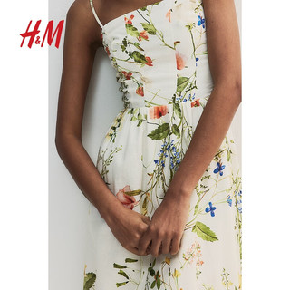 H&M 女装2024春季田园风时尚亚麻混纺中长碎花连衣裙1217048 奶油色/花卉 165/96A