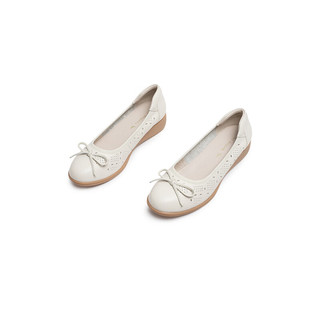 红蜻蜓镂空鞋2024坡跟女单鞋软底舒适软面中老年皮鞋WTB14252 米白色 36