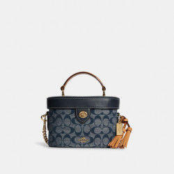 coach蔻驰女士牛仔布配皮盒子包单肩斜挎手提包