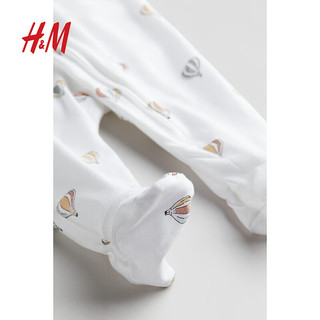 H&M童装男女宝宝连身衣2024春季棉质条纹针织长袖连体睡衣1174846 白色/热气球 100/56