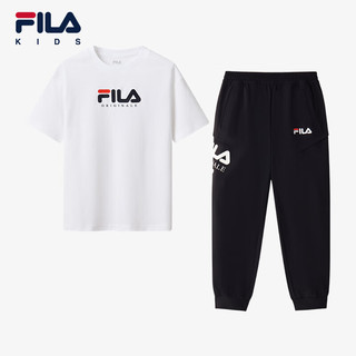 FILA 斐乐童装儿童套装2024夏季男童舒适透气运动短袖T恤裤子 标准白-FWT 160cm