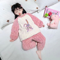莫诗尼 2023新款女童睡衣冬季珊瑚绒中大童法兰绒可爱小女孩加厚儿童套装 粉色 兔子 100cm