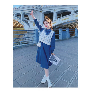 美茵曼丽2024春季高级感蓝色法式长袖连衣裙女学院风针织马甲两件装 ZB199D03 茵曼 湖蓝色 S（适合90-110斤）