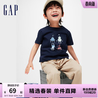 Gap男幼童2024春季纯棉印花图案圆领短袖T恤儿童装上衣430235 海军蓝 100cm(2-3岁)尺码偏小选大一码