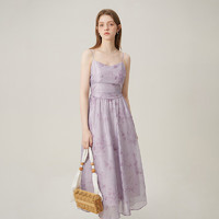 范思蓝恩 法式浪漫碎花吊带连衣裙2024夏季新款度假裙子24FS12232 薄雾紫 M