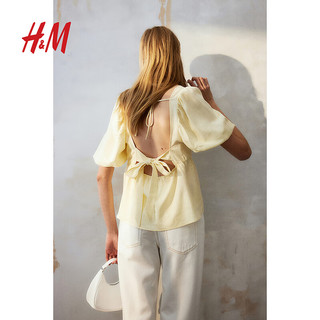 H&M女装2024春季女士休闲时尚修身简约系带泡泡袖上衣1202904 浅黄色 175/116C