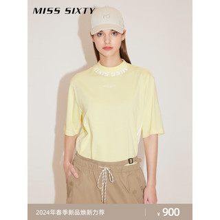 MISS SIXTY2024春季含桑蚕丝T恤女半高领撞色印花休闲运动风 浅黄 L