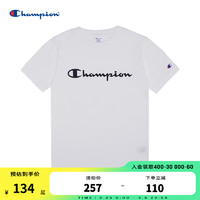 Champion 冠军T恤夏季新款纯棉胶印草写logo休闲纯色运动短袖T恤男女情侣款 白色 M