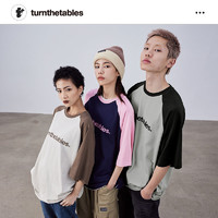 Turnthetables [夏之光同款]Turnthetables拼接半袖撞色插肩情侣短袖印花T恤男女