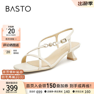 百思图（BASTO）24夏季时髦复古条带罗马细跟女凉鞋TT101BL4 米色 37