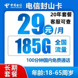 CHINA TELECOM 中国电信 封山卡 20年29元月租 185G全国流量+100分钟通话