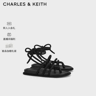 CHARLES&KEITH24春时装凉鞋人字绕绳平底沙滩鞋CK1-70381038 BLACK TEXTURED黑色纹理 39